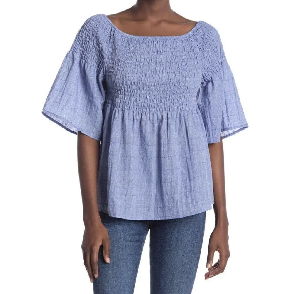 Liverpool Off The Shoulder Top Blue Chambray Smocked Short Sleeve Small Casual - Picture 1 of 16